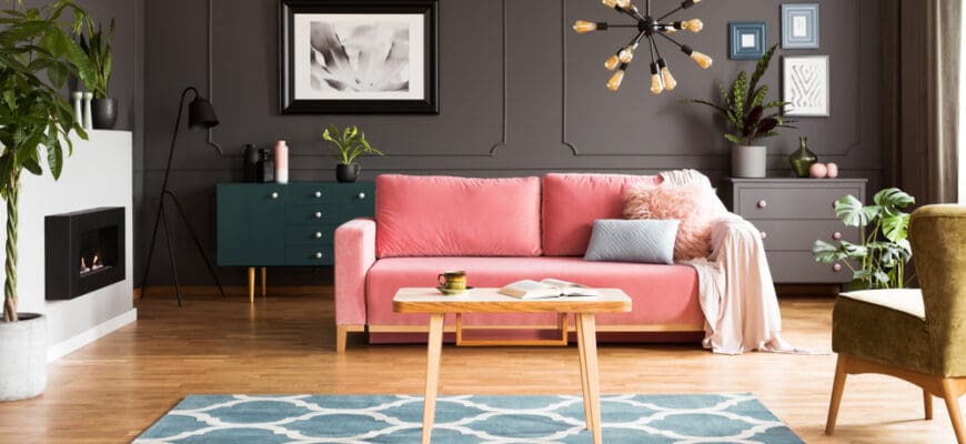 Wooden,Table,On,Blue,Carpet,In,Grey,Living,Room,Interior